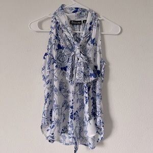 Tuckernuck Women’s Blue Chintz Mason Sleeveless Blouse Floral Top Ruffle Bow XS
